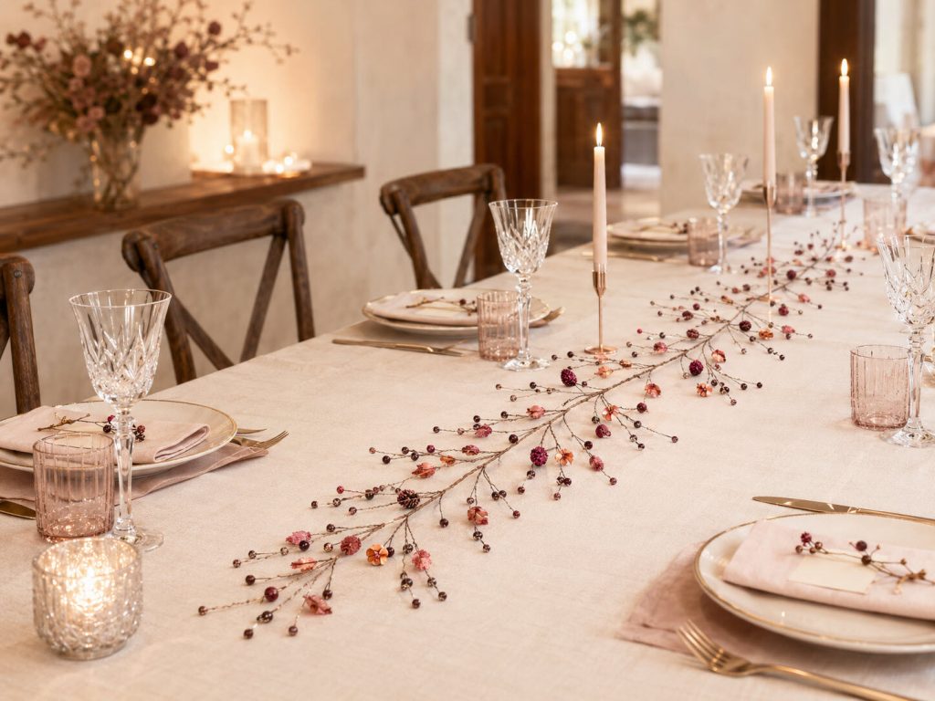 Davet masasında rose gold dekoratif masa süsü ve garland düzenlemesi