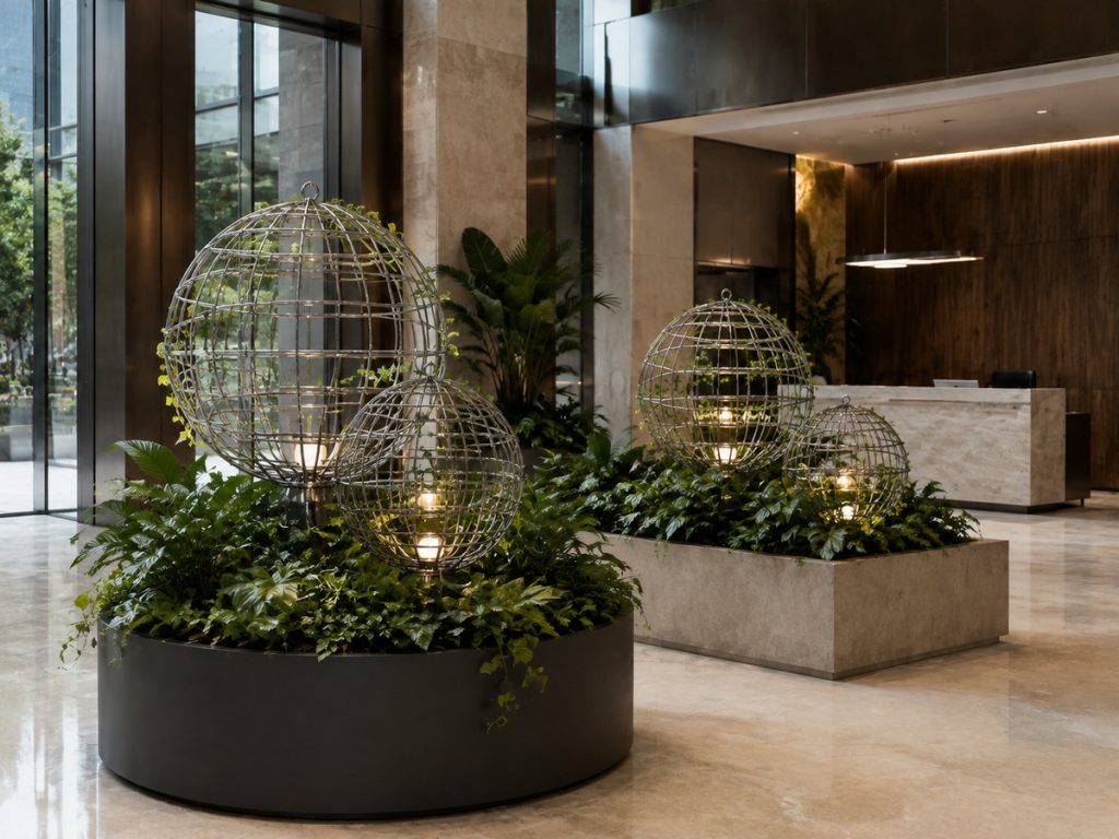 Otel lobisi peyzajında ışıklı dekoratif metal küreler